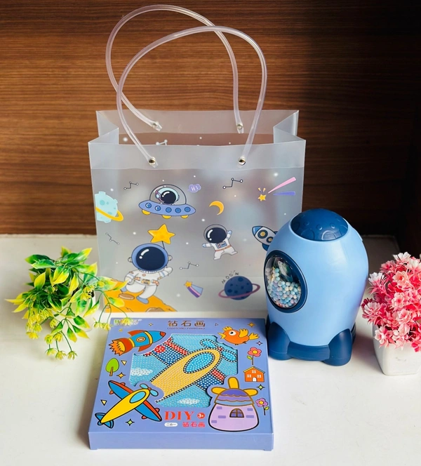 Space hamper 1  Inlcudes: - Pvc hand bag/ Gifting bag - ⁠Rocket piggy bank - ⁠Diy bead Frame set