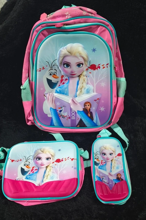 3 Pc Combo School bag 🎒  16 Inches 3 Zipper Schoolbag With 3d pencil Pouch & insulated Lunch Bag cum sling
