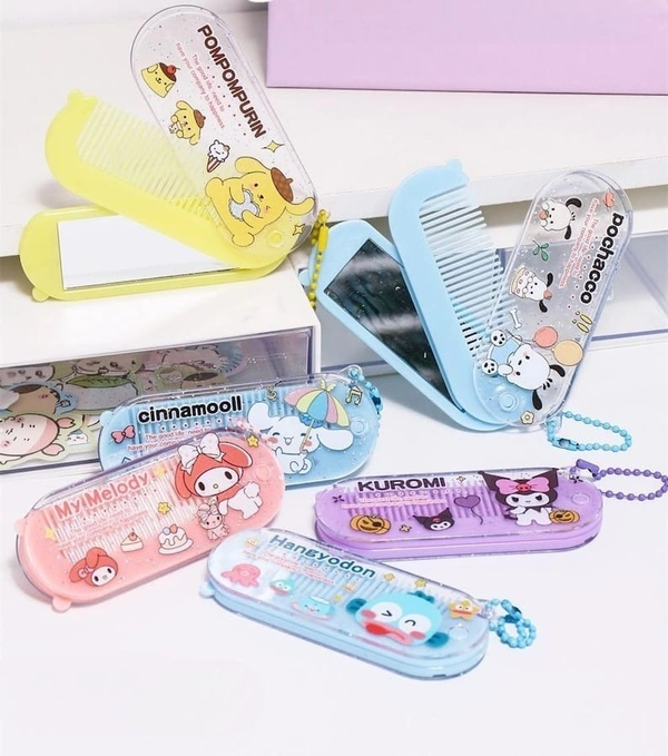 Cartoon foldable mirror with comb keychain.Color random only