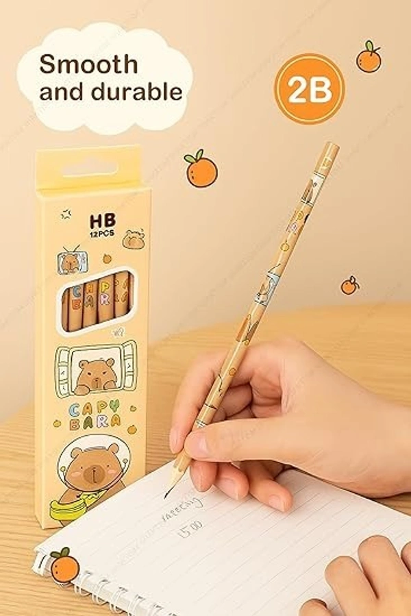 Set of 12 Cute Cartoon HB Pencils - 0.5mm Graphite, Wood-C Composite, Ideal for Writing & Drawing - Student-Friendly School Supplies (Capy Bare Brown)