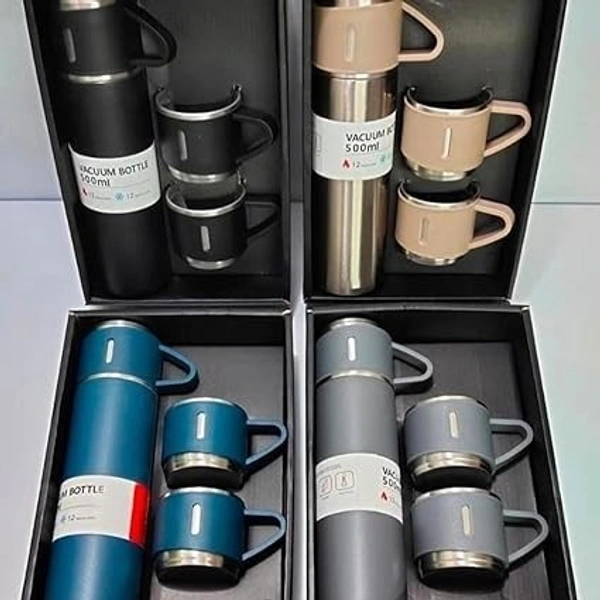 Vaccum Flask Set   Stainless Steel Thermo Flask Gift Set - 500ml Vacuum Insulated Bottle with Two Cups - Hot & Cold Drinks - Multi Colors  Real pic shared