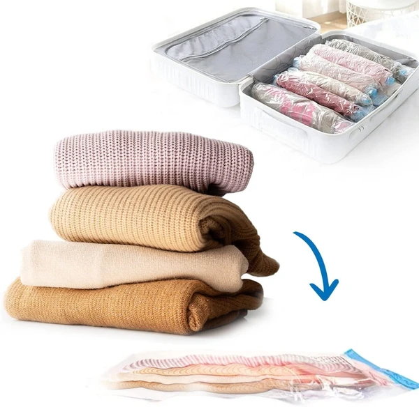 2 Set Total (10 pcs) Heavy Duty Air Tight Space Saver Vacuum Bags for Travel and Cloths Storage, 5 Pcs, 2 Small, 2 Medium, 1 Large, Random Colour