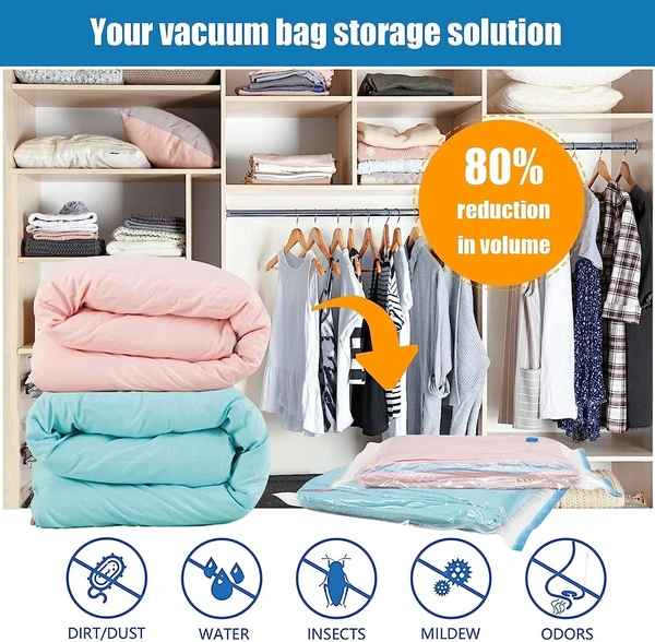 2 Set Total (10 pcs) Heavy Duty Air Tight Space Saver Vacuum Bags for Travel and Cloths Storage, 5 Pcs, 2 Small, 2 Medium, 1 Large, Random Colour