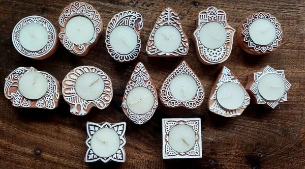 Wooden candle with beautiful carving designs size approx 5 inch