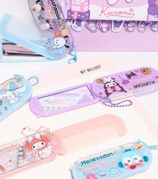 Cartoon foldable mirror with comb keychain.Color random only