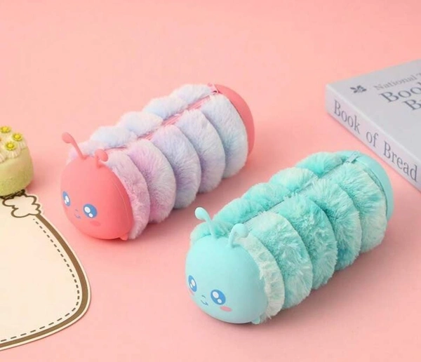 New arrival caterpillar pouches Folding pencil pouches Material fur and silicon