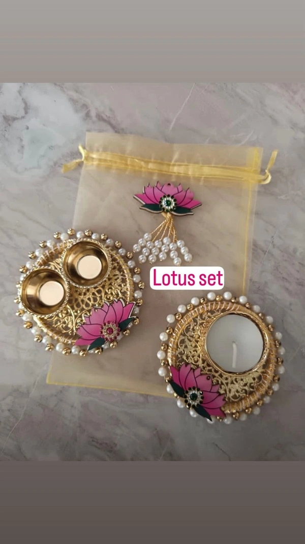 New lotus set with roli chawal and tealight platter in potli packing Moq 6 sets