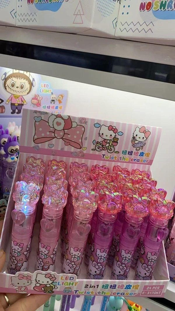 Push n twist led push eraser. Only character choice possible color random only Character available unicorn, hello kitty, kuromi, capybara and stitch - Hello Kitty