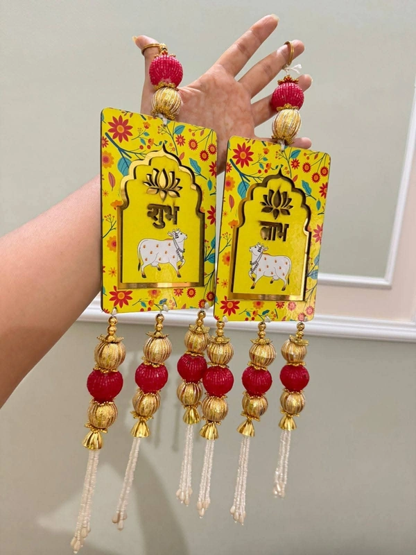 Shubh labh pair in mdf pichwai print.Colors available red, yellow and green