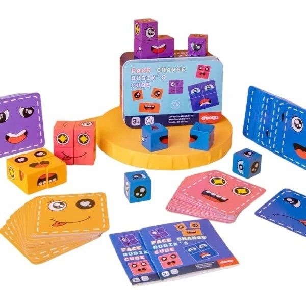 FACE CHANGING PUZZLE GAME  The set comes with 16 different wooden emoji cubes and multiple expression cards.