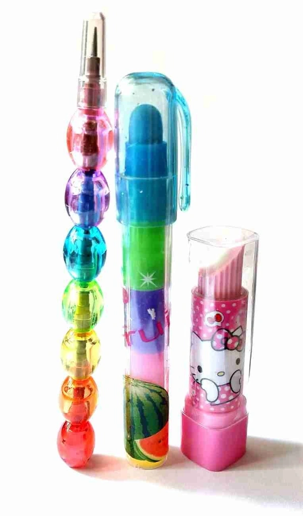 Cute colorful combos With 1 bead pencil, 1 fruit push eraser, 1 lipstick eraser