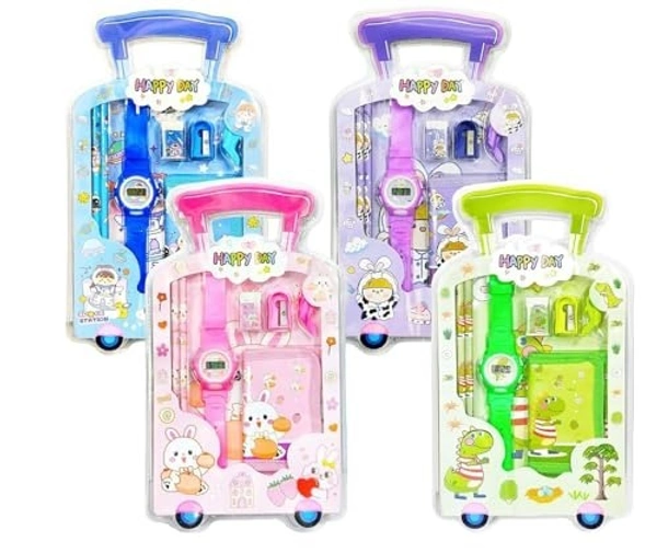 7 Item Cute Stationery Gift Set with School Supply Kit, Digital Watch, Wallet Birthday Return Gift for Kids - 12 - 6 boy 6 girl