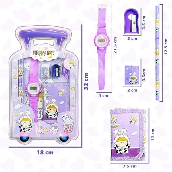 7 Item Cute Stationery Gift Set with School Supply Kit, Digital Watch, Wallet Birthday Return Gift for Kids - 12 - 6 boy 6 girl