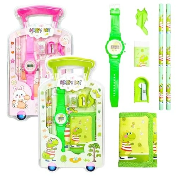 7 Item Cute Stationery Gift Set with School Supply Kit, Digital Watch, Wallet Birthday Return Gift for Kids - 12 - 6 boy 6 girl