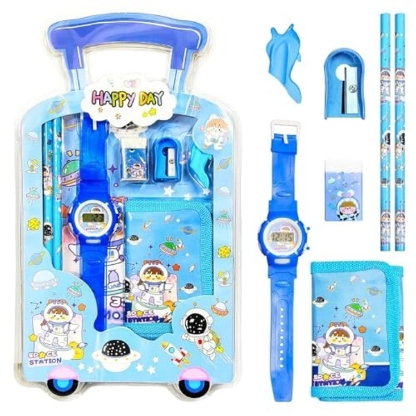 7 Item Cute Stationery Gift Set with School Supply Kit, Digital Watch, Wallet Birthday Return Gift for Kids - 12 - 6 boy 6 girl