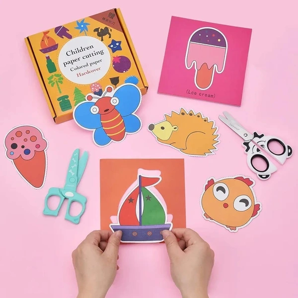 Children's Paper Cut Set, Scissors Craft Set for Children, DIY Scissors Skills for Children, Early Learning Development Toy in Nursery, Children's Safety Scissors + 48 Sheets of Paper