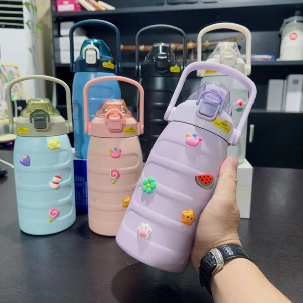 Premium quality 1200 ML Insulated Tumbler with Handle & Silicone Stickers | Double wall | Airtight & leak-Proof | Push Lock Button | Assorted Colors