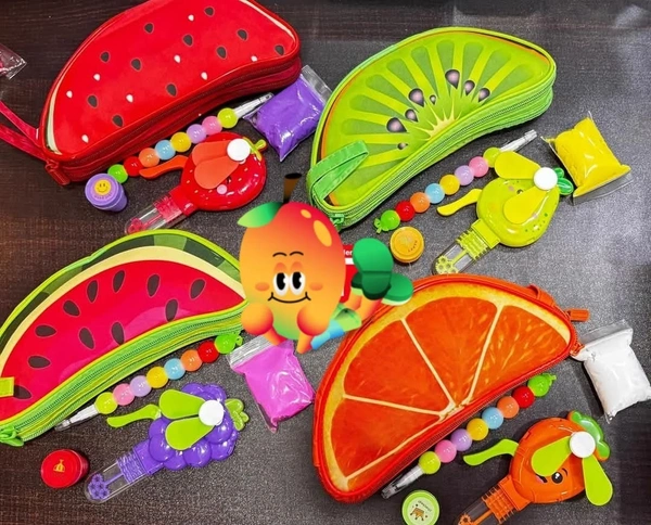 Colorful combo Best for return gifts Contains: 1. Fruit pencil pouch 2. ⁠Fruit bubble Fan 3. ⁠Air dry clay 1 4. ⁠stamp single pc 5. ⁠bead pencil
