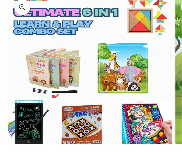 Ultimate 6 in 1 Learn & Play Complete Combo Set for Kids | Set of 4 Sank Magic Book, 1 Water Magic Book, 1 Led Tablet, 1 Tic Toe Game, 3 Jigsaw Puzzle & 1 Tangram