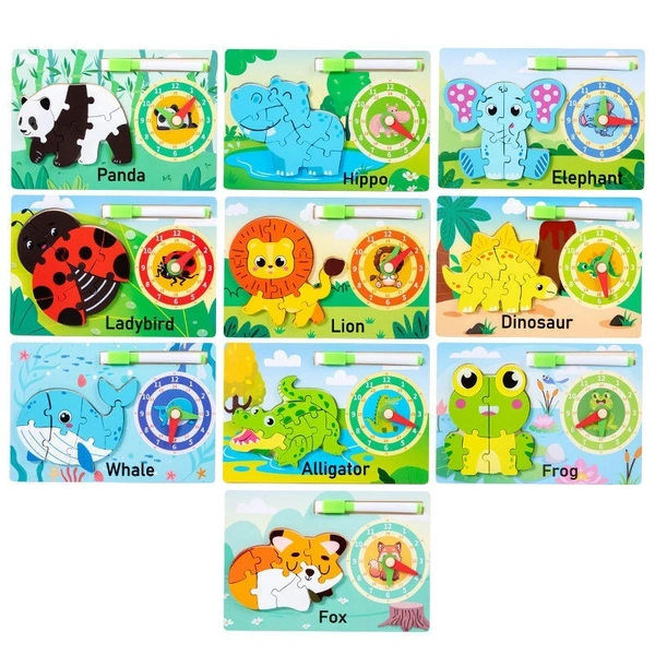 New wooden board with puzzle n clock toy Whiteboard on the back.Design random only