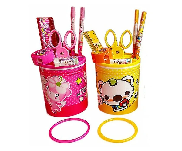 Homeoculture Birthday Return Gifts Stationary Set for Kids Children Boys and Girls. Each Set Includes Pen Stand, 2 Pencils, Eraser, Sharpener, Paper Scissor & Scale (Set of 2) - 0.5