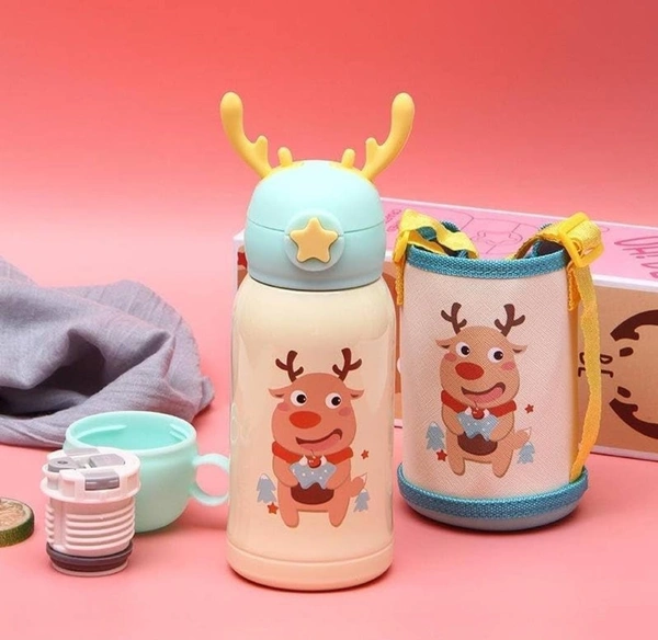 Multipurpose Reindeer steel Sipper bottles  - Hot/cold stainless steel bottle 500ml - Dual caps (Sipper and flask) - Bag to carry the bottle - Adjustable belt