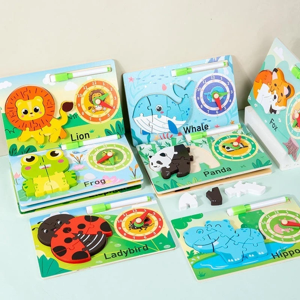 New wooden board with puzzle n clock toy Whiteboard on the back.Design random only
