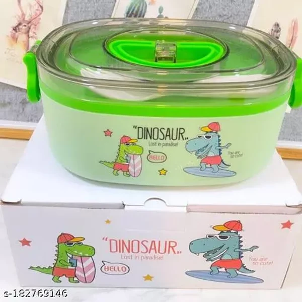 Homeoculture DINOSAUR 304 Stainless Steel 600ML Leak Proof Reusable Freezer Safe with 2 in 1 Spoon and Fork BPA Free, Lunch Box for Boys, Girls, Kids, School & Office (Pack of 1) - GREEN - 0.5