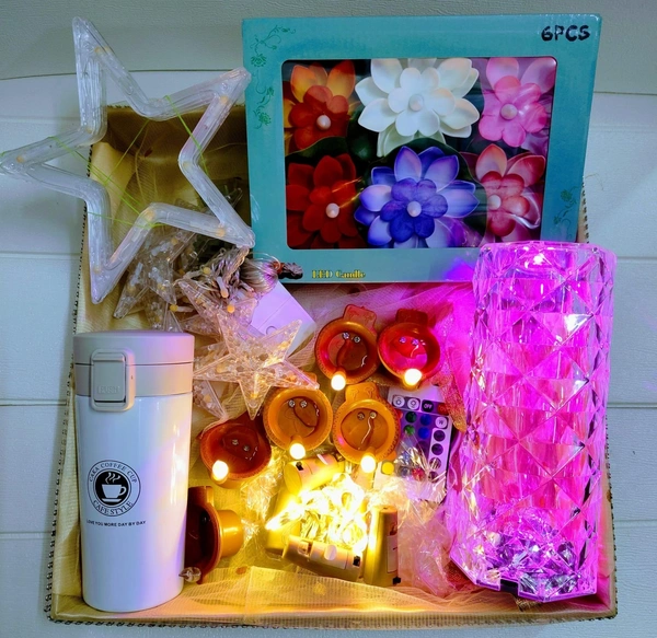 ®- Diwali Led Light Crystal Combo Includes- -Touch Crystal humidifier with light changing different modes & Chargeable -6 Cork/Fairy Light -6 Water sensor Diyas - Insulated Stainless steel Coffee Mug, keeps water hot & cold ( Random color) - 1 Star Led Light Curtain 6+6 - 6 Pc Water Sensor Led light Lotus diyas Price with Tray Packing (hardboard Tray)