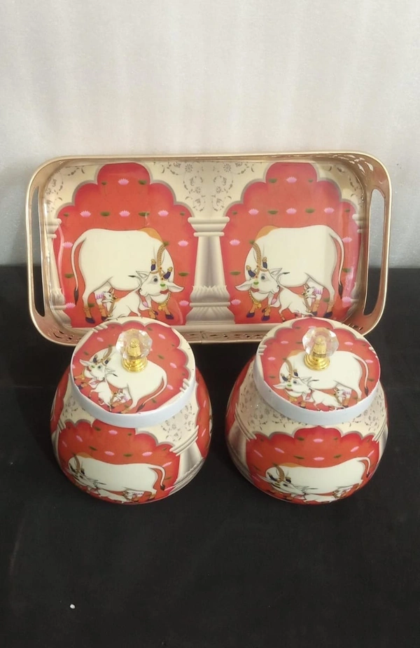 Pichwai rectangle tray set Tray size 9*4.5 inches 2 jars 4 inch each Box packing Single color