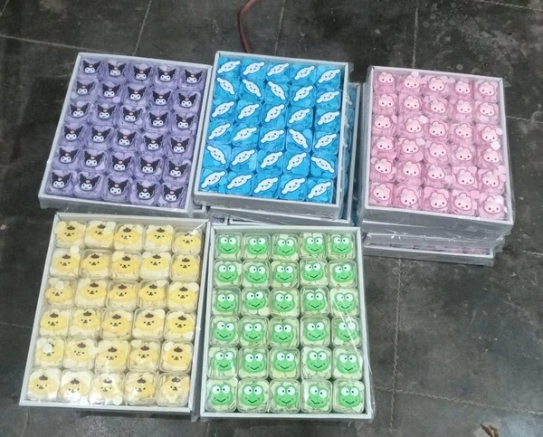 Blue, yellow and purple mini paper soap boxes  Mix designs With detachable charm   5 designs available