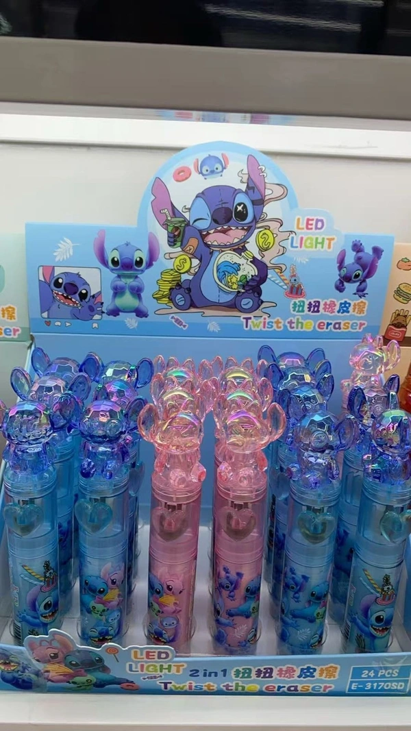 Push n twist led push eraser. Only character choice possible color random only Character available unicorn, hello kitty, kuromi, capybara and stitch - Stitch