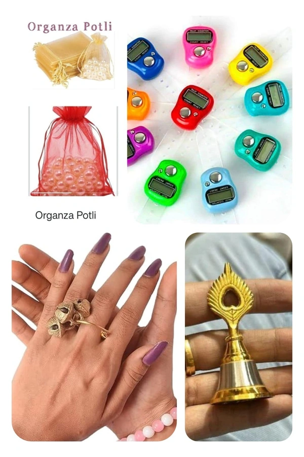 Spiritual hc combo 1 jaap counter 1 pair brass finger ring 1 morpankh metal bell All in organza potli Color random only