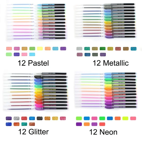 Homeoculture Glitter, Neon, Pastel, Metallic Colors Gel Pen Set, 48 Pcs - 0.5