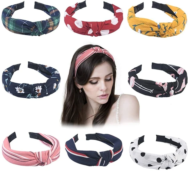 Homeoculture Hair Accessories Korean Style Solid Fabric Knot with Tape Plastic Hairband Headband for Girls and Woman 6 PCS-(RANDOM) MULTI COLOUR