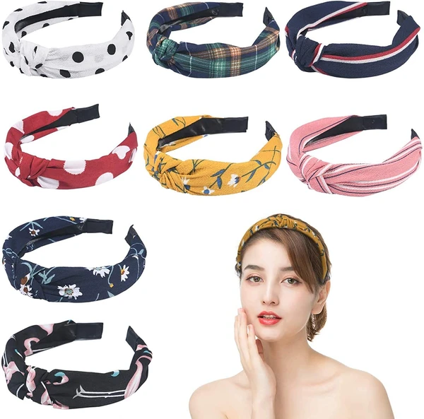 Homeoculture Hair Accessories Korean Style Solid Fabric Knot with Tape Plastic Hairband Headband for Girls and Woman 6 PCS-(RANDOM) MULTI COLOUR