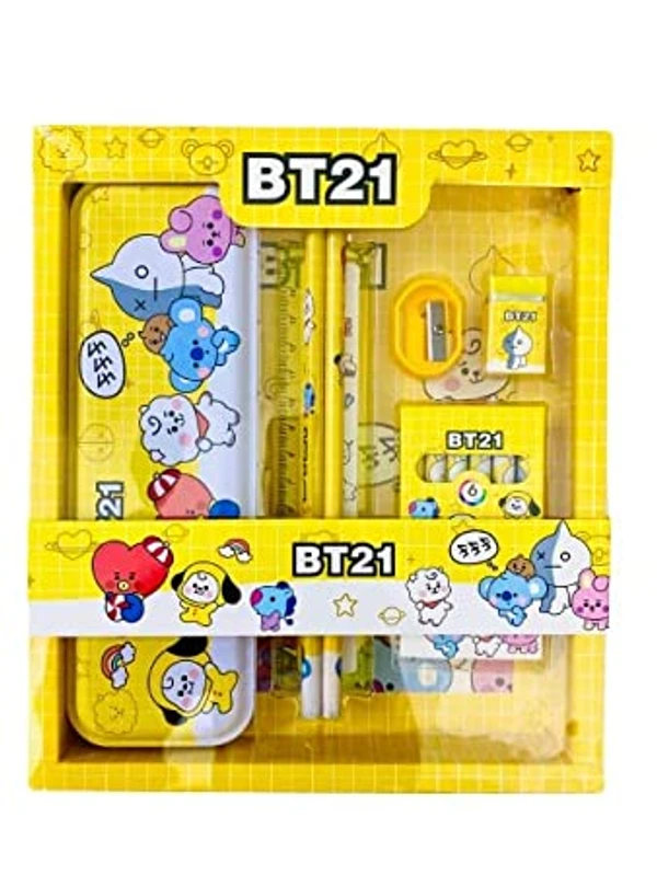 Homeoculture HomeoCulture BT21 BTS stationery Kit Including BT21 Pecil Box,2 Pencils,6 Crayon Colors,1 Ruler, Scale Eraser Sharpener (bt21 yellow kit) - 0.5