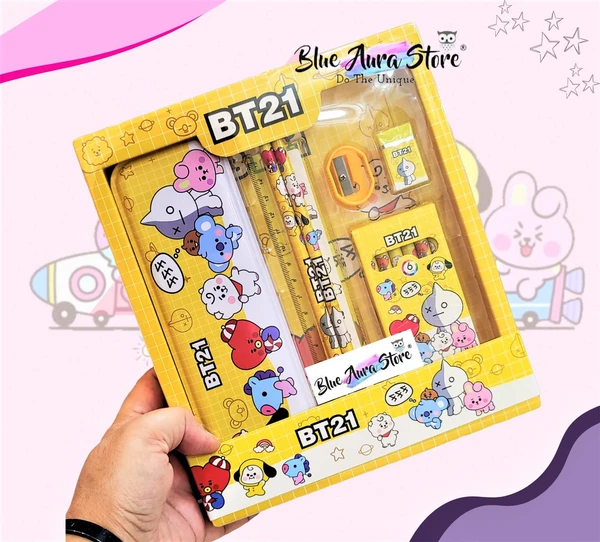 Homeoculture HomeoCulture BT21 BTS stationery Kit Including BT21 Pecil Box,2 Pencils,6 Crayon Colors,1 Ruler, Scale Eraser Sharpener (bt21 yellow kit) - 0.5