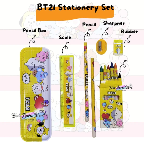 Homeoculture HomeoCulture BT21 BTS stationery Kit Including BT21 Pecil Box,2 Pencils,6 Crayon Colors,1 Ruler, Scale Eraser Sharpener (bt21 yellow kit) - 0.5