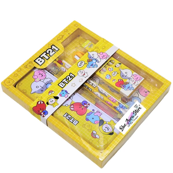 Homeoculture HomeoCulture BT21 BTS stationery Kit Including BT21 Pecil Box,2 Pencils,6 Crayon Colors,1 Ruler, Scale Eraser Sharpener (bt21 yellow kit) - 0.5