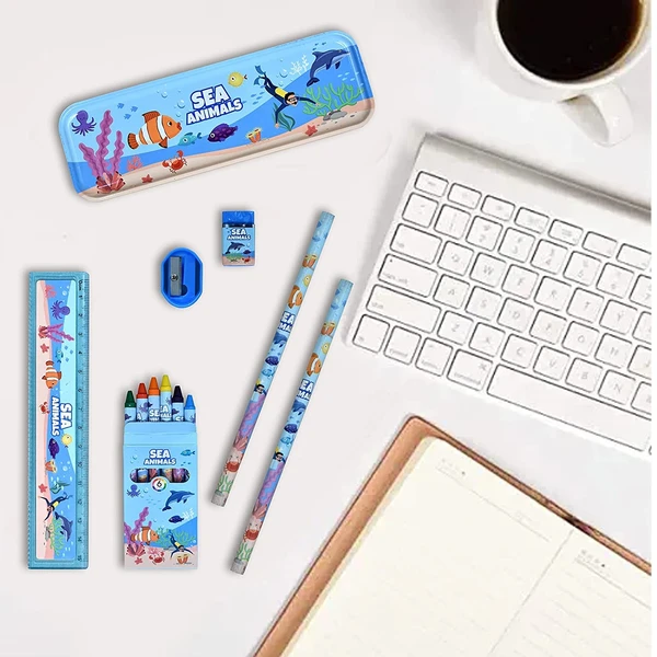 Homeoculture HomeoCulture New Pinch Sea Animal World Stationary Kit for Girls Pencil Pen Book Eraser Sharpener - Stationary Kit Set for Girls/Boys Birthday Gift (Multicolor) - 0.5