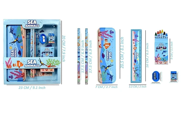 Homeoculture HomeoCulture New Pinch Sea Animal World Stationary Kit for Girls Pencil Pen Book Eraser Sharpener - Stationary Kit Set for Girls/Boys Birthday Gift (Multicolor) - 0.5