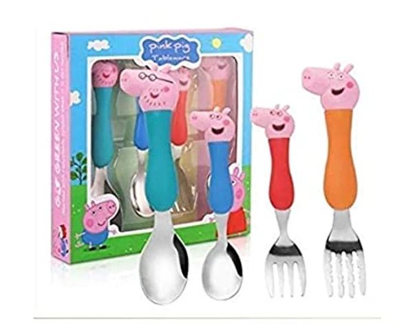 Homeoculture HomeoCulture Peppa Pig Heavy Quality Games Theme Stainless Steel Baby Feed Spoon and Fork Set- Multi Color - 0.5