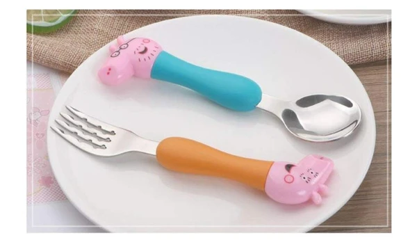 Homeoculture HomeoCulture Peppa Pig Heavy Quality Games Theme Stainless Steel Baby Feed Spoon and Fork Set- Multi Color - 0.5