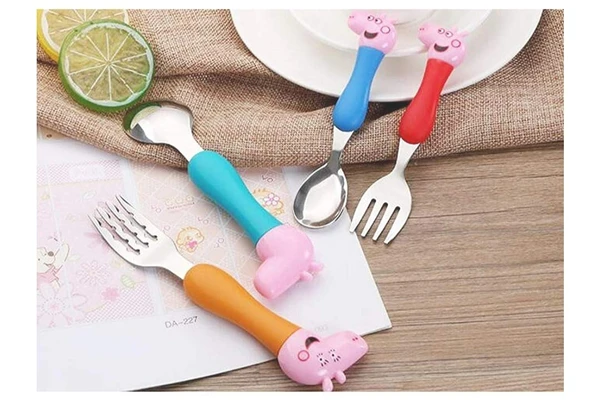 Homeoculture HomeoCulture Peppa Pig Heavy Quality Games Theme Stainless Steel Baby Feed Spoon and Fork Set- Multi Color - 0.5