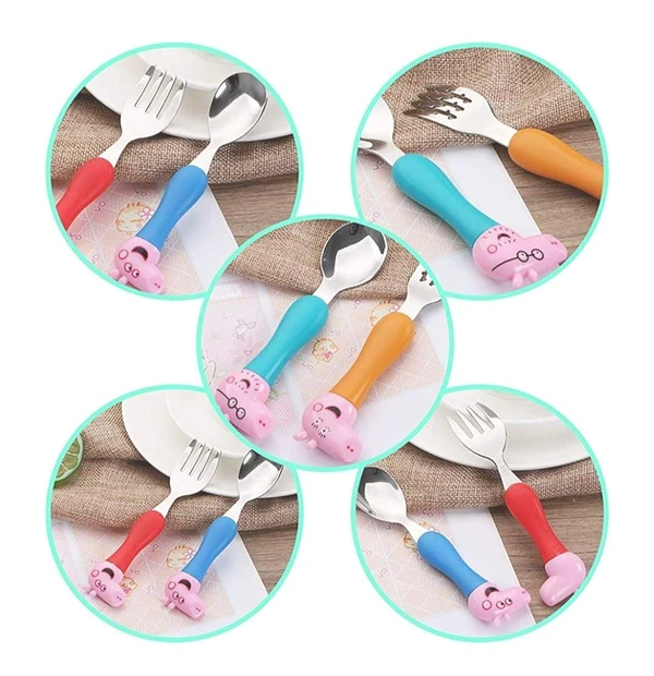 Homeoculture HomeoCulture Peppa Pig Heavy Quality Games Theme Stainless Steel Baby Feed Spoon and Fork Set- Multi Color - 0.5