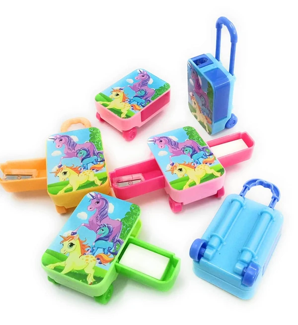 Homeoculture HomeoCulture Unicorn Suitcase Sharpener with Eraser / Unicorn Sharpener for Kids / Unicorn Eraser for School Kids / Unicorn Suitcase Trolley Bag School Stationery for Girls (Pack of 6) - 0.5