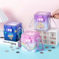 Homeoculture New Cute Unicorn Tinplate Hand Rope Square Password Lock Piggy Bank Children's Cartoon Mermaid Savings Change Coins Money Box - 0.5