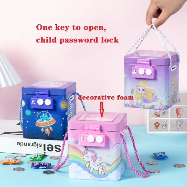 Homeoculture New Cute Unicorn Tinplate Hand Rope Square Password Lock Piggy Bank Children's Cartoon Mermaid Savings Change Coins Money Box - 0.5