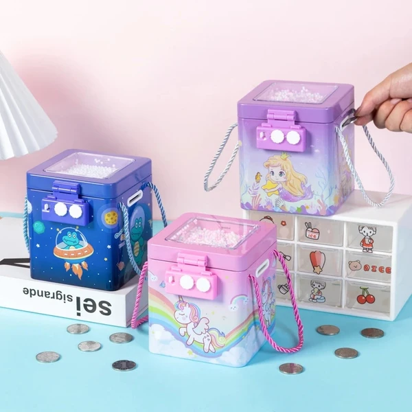 Homeoculture New Cute Unicorn Tinplate Hand Rope Square Password Lock Piggy Bank Children's Cartoon Mermaid Savings Change Coins Money Box - 0.5